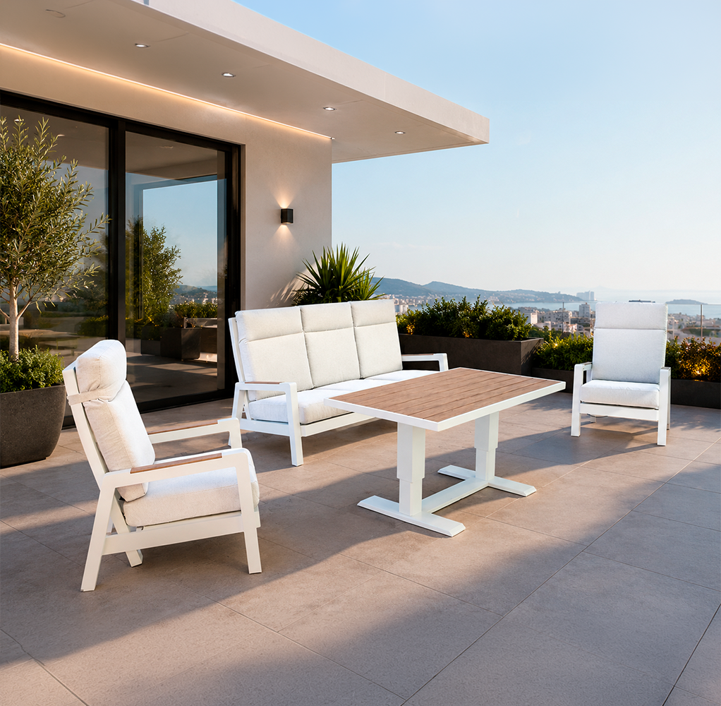 Set Milan alum. blanco (sofa + 2 sillones + mesa alta)