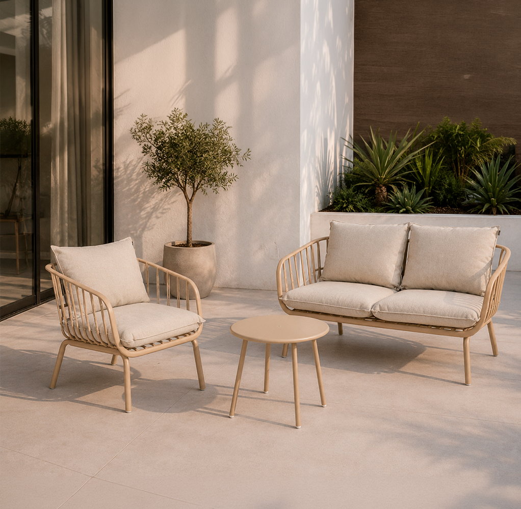 Composicion de terraza 1 sillon + 1 sofa y set mesa de centro